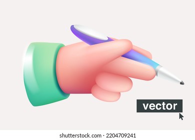 Hand holding violet pen. Realistic 3D render design in cartoon style. Vector illustration. Perfect for business banner, school posters, drawing icons, office tools advertising.