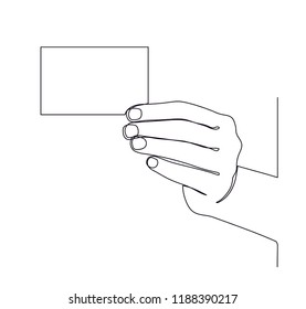 Hand holding virtual paper isolated on white. One line. sketch