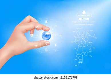 Hand halten Vitamin B12 Komplex Blau und Struktur. Kapselminerale und Ergänzung mit Icon. Schönheitsbehandlung Ernährung Hautpflege Design. Medizinisches wissenschaftliches Konzept. 3D-Realistischer Vektorgrafik.