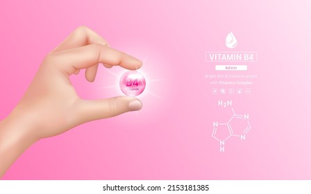 Mano conteniendo la cápsula compleja de vitamina B4 rosa, estructura. Minerales y Suplemento con fórmula química. Tratamiento de belleza nutrición diseño de cuidado de la piel. Concepto médico. Vector realista 3D.