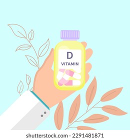 Hand holding vitamin D bottle. Flat vector illustration. Nutrient deficiency. For banner, website.