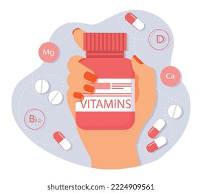 Mano con vitaminas. Mujer sosteniendo medicinas y frasco de pastillas. Elementos de traza útiles para el cuerpo. Afiche médico o pancarta para el sitio web, infografía para la salud. Dibujo vectorial plano de dibujos animados