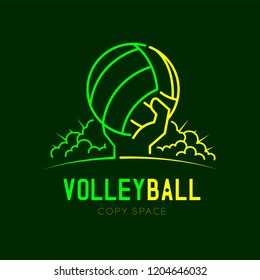 Hand holding Volleyball with radius cloud logo icon outline stroke set dash line design illustration isolated on dark green background with Volleyball text and copy space, vector eps 10
