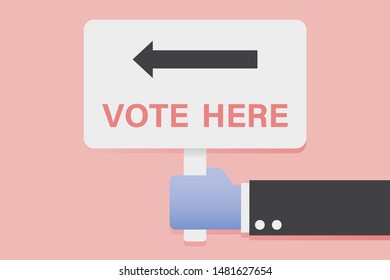 Hand Holding Vote Here Sign. Business Concept Vector Illustration.