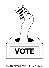 Hand Holding Vote Paper With Check List From A Round Black Hole In The Ballot-box. The First Task Is Completed. Voting Concept, Check Sheet. Person Votes Incognito. Icon Outline Vector Illustration