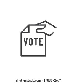 Hand holding vote paper line icon. linear style sign for mobile concept and web design. Hand with ballot paper outline vector icon. Symbol, logo illustration. Vector graphics