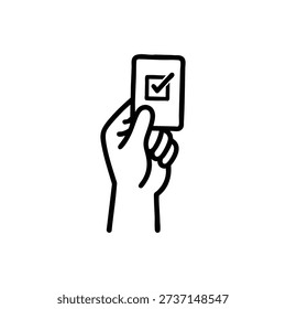 Hand holding voting card with check mark black and white vector illustration for elections and government participation