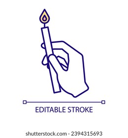 Hand holding votive candle RGB color icon. Believer praying in church. Celebration of religious holiday. Ritual item. Isolated vector illustration. Simple filled line drawing. Editable stroke