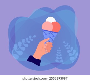 Hand holding waffle cone with colorful ice cream balls. Person eating frozen dairy snack summertime flat vector illustration. Dessert, food concept for banner, website design or landing web page