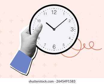 Hand holding wall round clock. Modern collage style. Vector illustration
