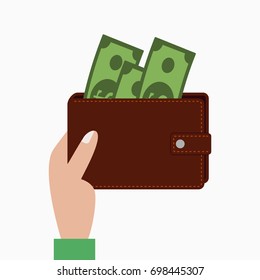 Hand holding wallet with money, purse with banknotes. Vector illustration.