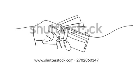 Hand holding a wallet, one line continuously Minimalist simple linear style. Vector outline illustration.