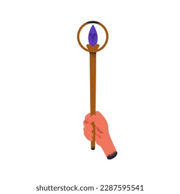 Hand holding wand, torch light, magic stick, symbol of power. Powerful magician arm with torchlight. Esoteric supernatural mystic concept. Flat vector illustration isolated on white background