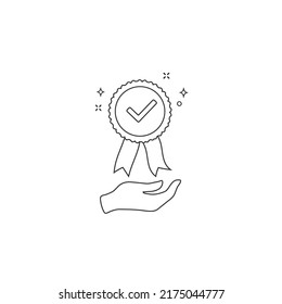 Hand holding warranty certify line icon. Flat trend modern nice review logotype graphic design isolated on white. Concept of grade seal with ribbon and scholarship license stamp or badge
