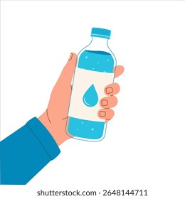 Hand holding a water bottle with a drop symbol. Flat illustration promoting hydration and healthy lifestyle. Perfect for fitness, wellness, and clean water concepts.

