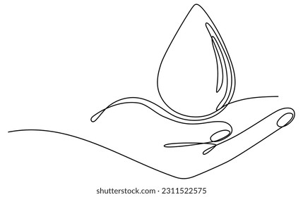 Hand, die den Wassertropfen ständig zieht. Blut- oder Öltropfen im linearen menschlichen Arm-Symbol. Vektorgrafik einzeln auf Weiß.