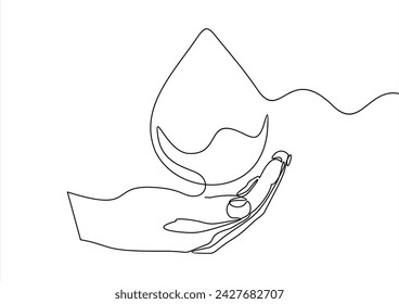 Mano sosteniendo agua gota dibujo de línea continua. Sangre o gota de aceite en el símbolo lineal del brazo humano. Ilustración vectorial aislada en blanco.	
