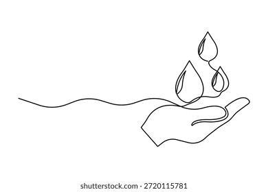 Hand holding water drop continuous one line art drawing of design vector illustration