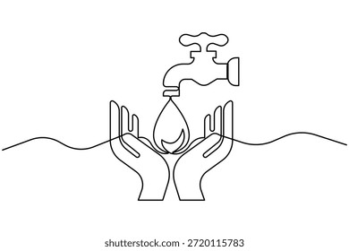 Mão segurando gota de água contínua um desenho de arte de uma linha da ilustração do vetor do projeto