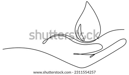 Hand holding water drop continuous line drawing. Blood or oil drop in human arm linear symbol. Vector illustration isolated on white.