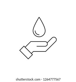 Hand holding water drop, linear vector icon
