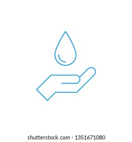 Hand holding water drop, linear vector icon