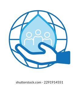 Hand holding water drop with people icon inside on globe symbol background. Save water for all is our responsibility. Vector illustration outline flat design style.