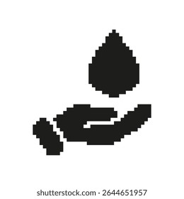 Hand Holding Water Drop Pixel Art Icon. Water Conservation, Sustainability, And Environmental Protection Symbol. Eco-Friendly Practices. Isolated Vector Illustration.