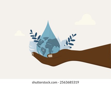 hand holding water droplet containing the Earth, symbolizing the importance of water conservation and environmental protection. World water day. Flat design vector. Save water and ecology