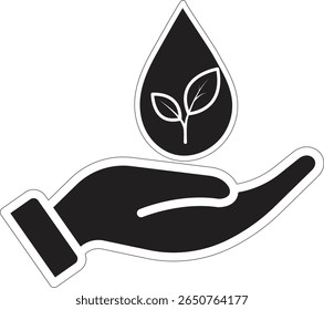 Mão segurando gota de água com ícone de folha mostrando apoio para gestão de água verde e conceito de eco-hidratação com fundo transparente
