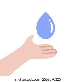 Hand holding water droplet. Save water. Natural, environment, ecology, care, conservation concepts.  Flat vector design isolated illustration.