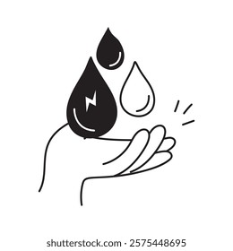 Hand holding water drops, concept icon of water conservation