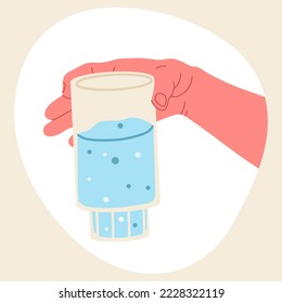 Hand holding water glass, cold drinks, spring water. Female hand hold glass of mineral water isolated flat vector illustration on white background