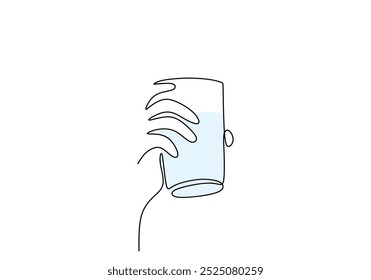 hand holding a water glass continuous one line drawing. Fresh drink concept. Drink more water theme. Vector illustration minimalist hand drawn.