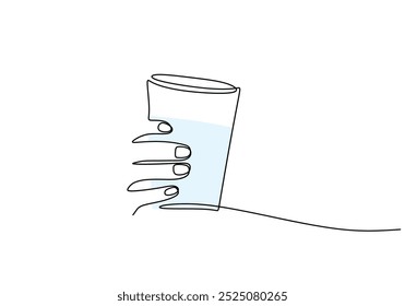 hand holding a water glass continuous one line drawing. Fresh drink more water concept. Vector illustration minimalist background.