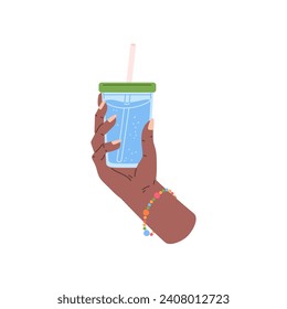 Hand holding a water glass. Reusable cup with a lid in a woman's hand , vector illustration isolated on white background. Simple color icon.