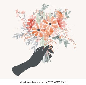 Hand holding watercolor flowers bouquet. Floral illustration, leaf and buds. Botanic composition for wedding or greeting card. Branch of wildflowers flowers.