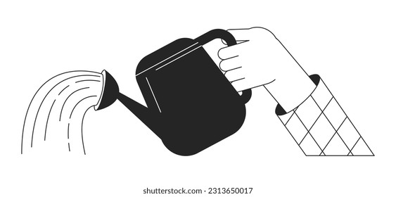 Hand holding watering can bw vector spot illustration. Plant waterer 2D cartoon flat line monochromatic first view hand for web UI design. Pouring water editable isolated outline hero image