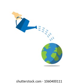 Hand holding watering can watering earth, eco concept, flat design vector illustration