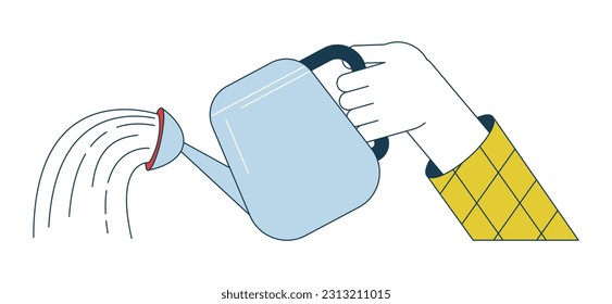 Hand holding watering can flat line vector spot illustration. Plant waterer 2D cartoon outline first view hand on white for web UI design. Pouring water equipment editable isolated colorful hero image