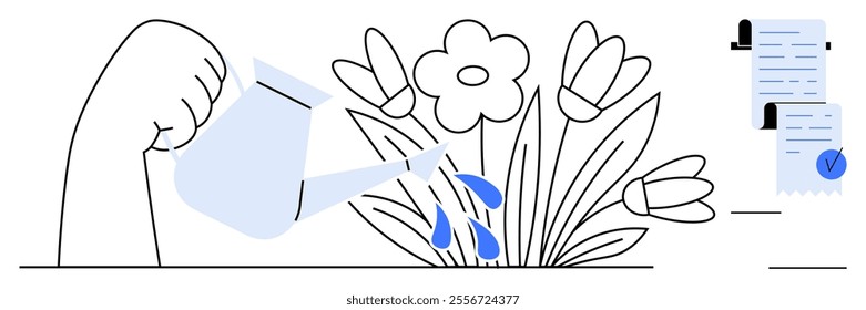 A hand holding a watering can nurtures blooming flowers with documents nearby. Ideal for growth, nurturing, business processes, self-improvement, and organization. Minimalist vector style in blue