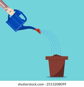 Hand holding watering can watering plant in pot. vector illustration in flat style