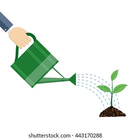 Hand holding watering can watering plant, business concept, flat design.