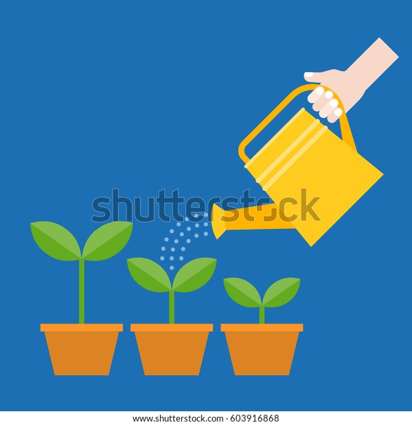 Hand holding watering can watering plant in pot,\
flat design vector
