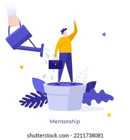 Hand holding watering can and pouring water on clerk or office worker standing in flowerpot. Concept of mentorship, professional training, coaching. Modern flat vector illustration for banner, poster.