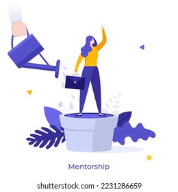 Hand holding watering can and pouring water on clerk or office worker standing in flowerpot. Concept of mentorship, professional training, coaching. Modern flat vector illustration for banner, poster.