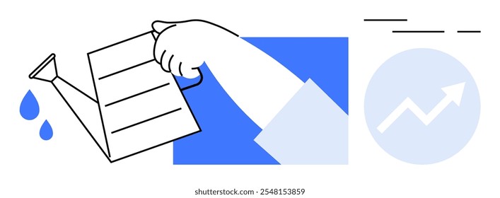 Hand holding watering can pouring water on document represents nurturing business growth. Ideal for business growth, investment strategies, financial planning, progress encouragement, development