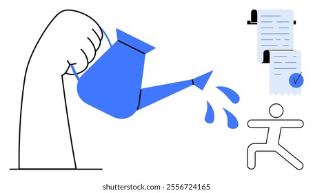 Hand holding a watering can, pouring water on a running figure implying growth. There are documents with checkmarks indicating planning or achievements. Ideal for personal development, business