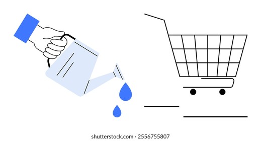 Hand holding a watering can, pouring water drops beside an empty shopping cart. Ideal for growth, nurturing, consumerism, e-commerce, business development. Simple minimalist vector style