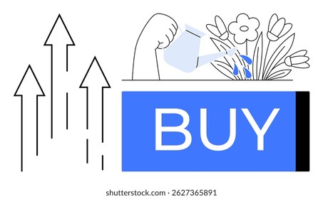 Hand holding a watering can, pouring water on flowers near a large blue BUY button, showing investment growth. Ideal for e-commerce, business growth, online shopping, investments, marketing